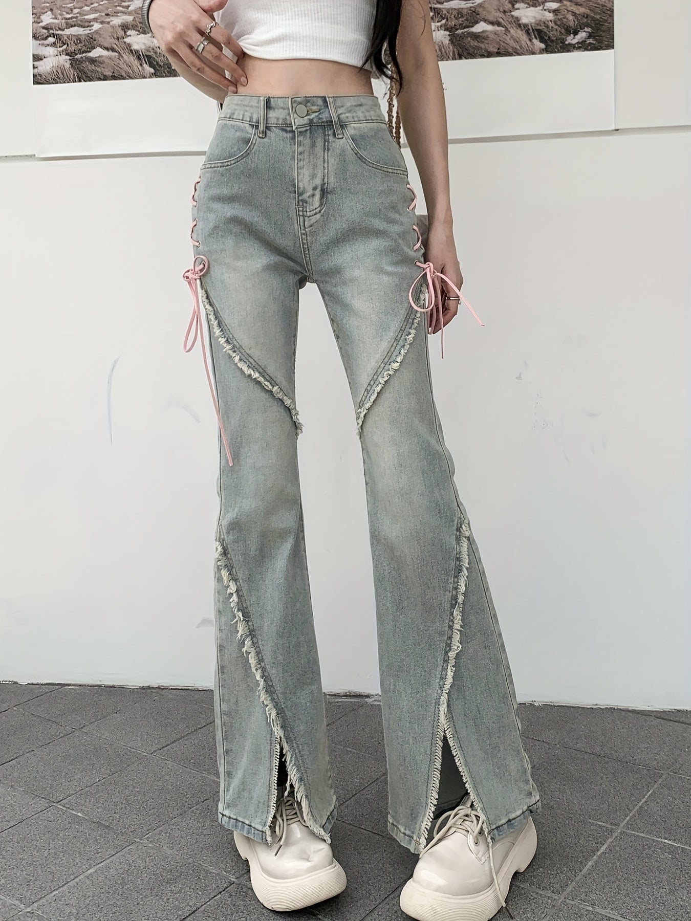 xieyinshe  Tie Side High Waist Flared Jeans, Split Front Raw Trim Washed Bell Bottom Denim Pants, Women's Denim Jeans & Clothing