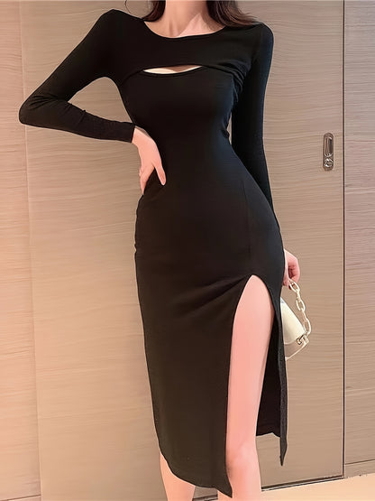 Cut Out Split Solid Dress, Party Wear Crew Neck Long Sleeve Dress, Women's Clothing