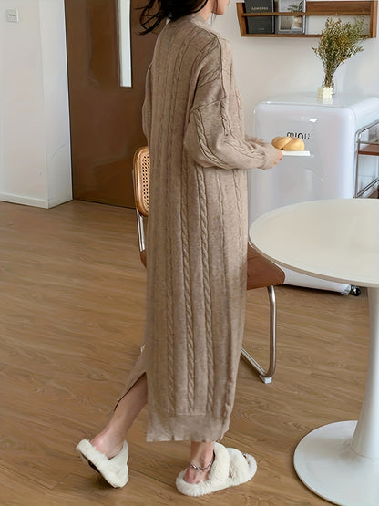 Cable Knit Maxi Dress, Elegant Crew Neck Long Sleeve Dress, Women's Clothing