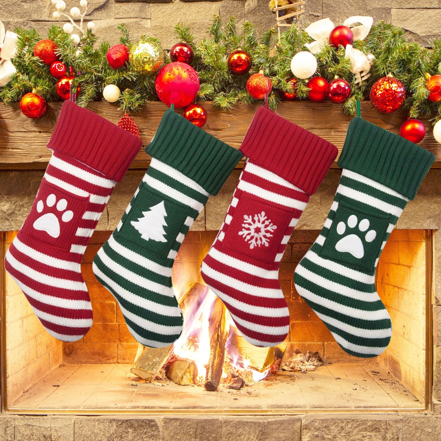 1pc Cozy Festive Knitted Striped Christmas Stocking Sock Gift Bag - Decorative Holiday Home Decorations with Soft Fabric and Traditional Design