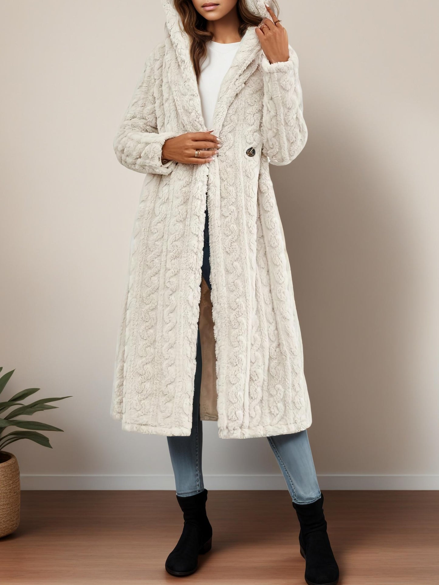 xieyinshe  Plus Size solid Fuzzy Hooded Coat, Warm Long Sleeve Outwear For Fall & Winter, Women's Plus Size Clothing