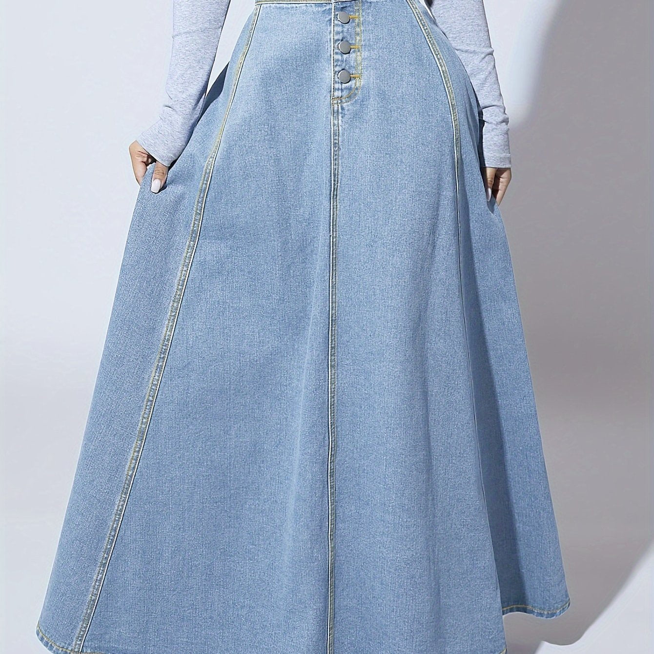 xieyinshe Single-Breasted Plain Maix Flare Denim Skirt, High Rise Washed Blue Retro Denim Skirt, Women's Denim Jeans & Clothing