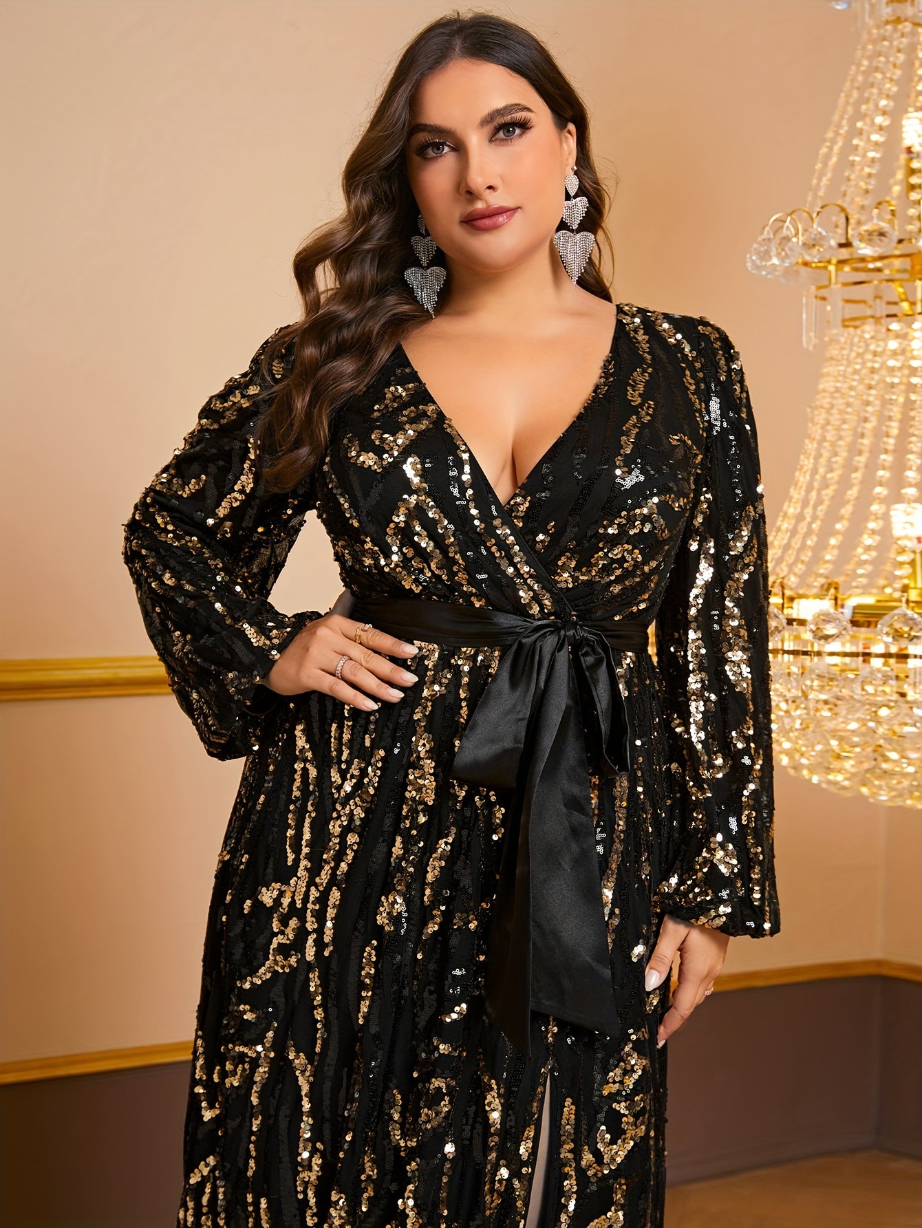 xieyinshe  Plus Size Sequin Belted Slit Dress, Elegant Surplice Neck Long Sleeve Dress For Party & Banquet, Women's Plus Size Clothing