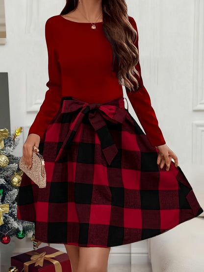 xieyinshe  Plaid Color Block Dress, Elegant Crew Neck Long Sleeve Belted Dress, Women's Clothing