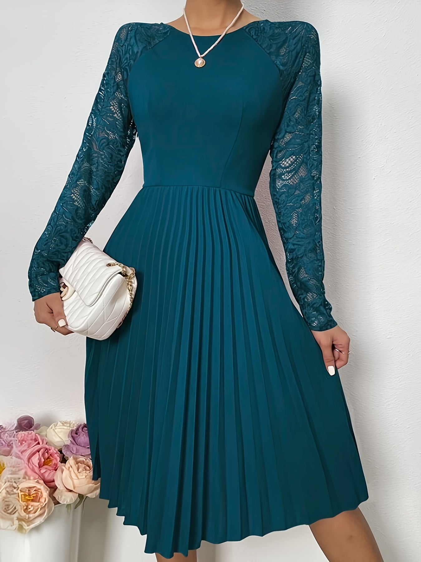 xieyinshe  Pleated Contrast Lace Dress, Elegant Long Sleeve Dress For Party & Banquet, Women's Clothing