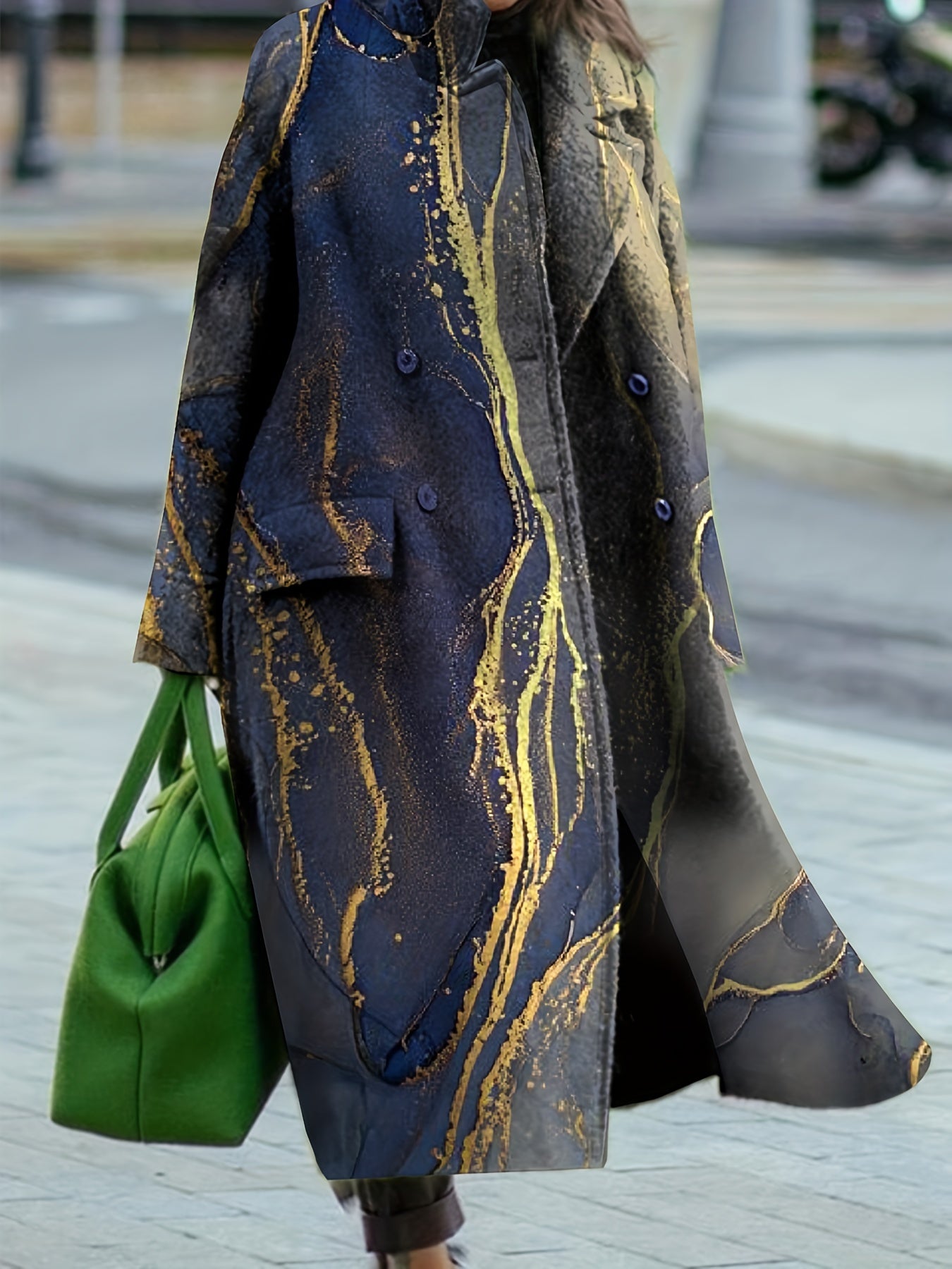 Graphic Print Trench Coat, Casual Double Breasted Lapel Outerwear, Women's Clothing