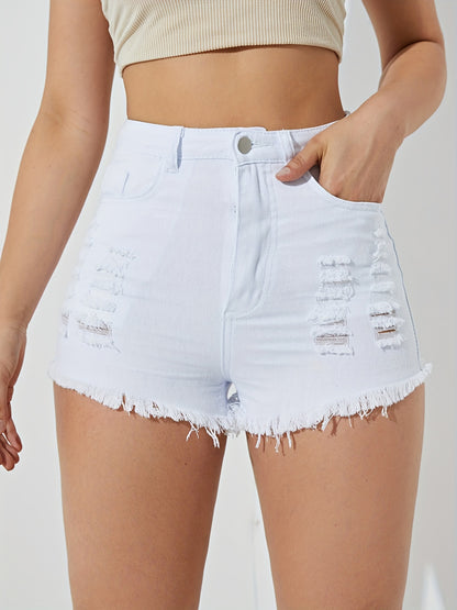 Raw Hem Short Denim Pants, Ripped Holes Slash Pockets High Waist Distressed Denim Shorts, Women's Denim Jeans & Clothing