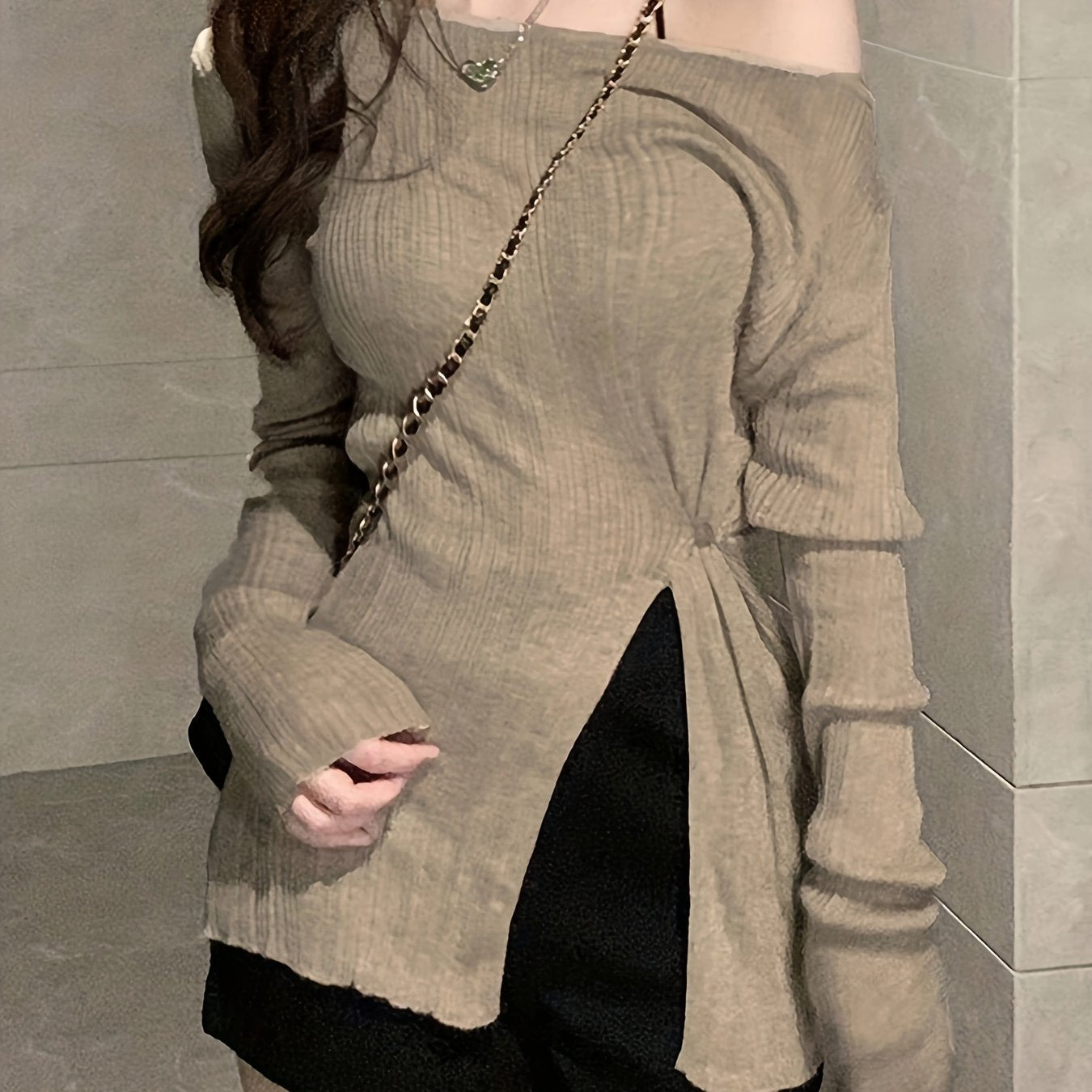 xieyinshe  Solid Slant Shoulder Split Knitted Top, Versatile Long Sleeve Slim Top For Spring & Fall, Women's Clothing