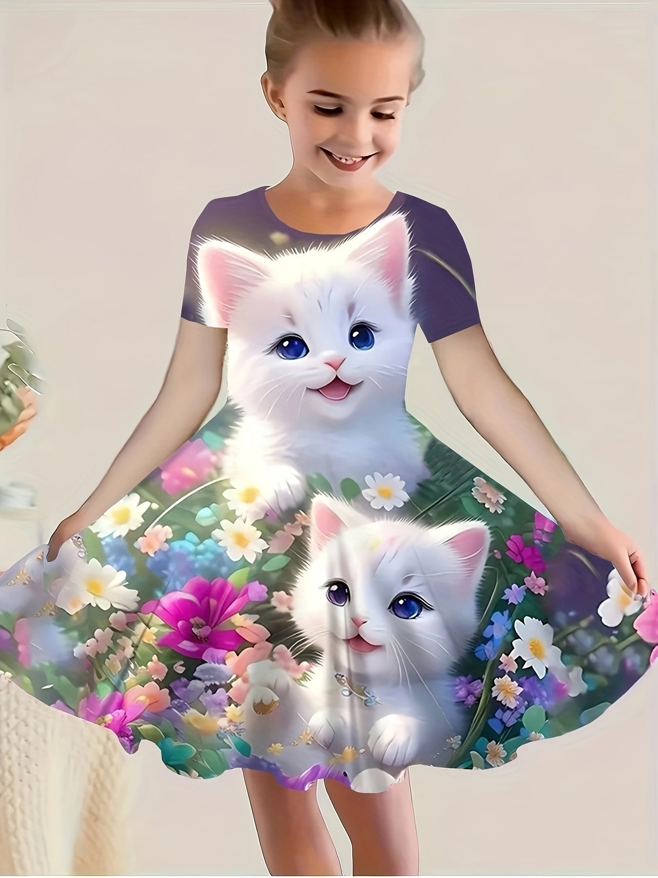 3D Cat Print Girls Dress - Short Sleeve Casual Crew Neck - Adorable Summer Fashion with Fun Prints - Comfortable & Lightweight, Perfect Gift for Little Fashionistas