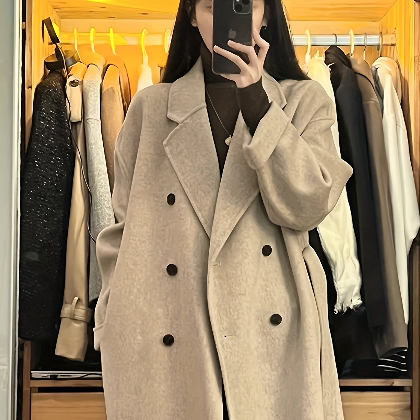 xieyinshe  Solid Double Breasted Belted Overcoat, Elegant Lapel Long Sleeve Pockets Outwear For Fall & Winter, Women's Clothing