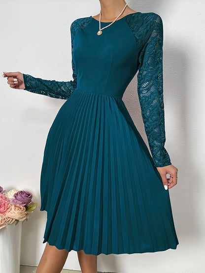 xieyinshe  Pleated Contrast Lace Dress, Elegant Long Sleeve Dress For Party & Banquet, Women's Clothing