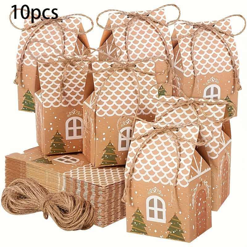 10pcs Festive Kraft Paper Gift Bags with Twine, Christmas Tree and Gingerbread House Design, Holiday Treat Packaging for Cookies and Candy