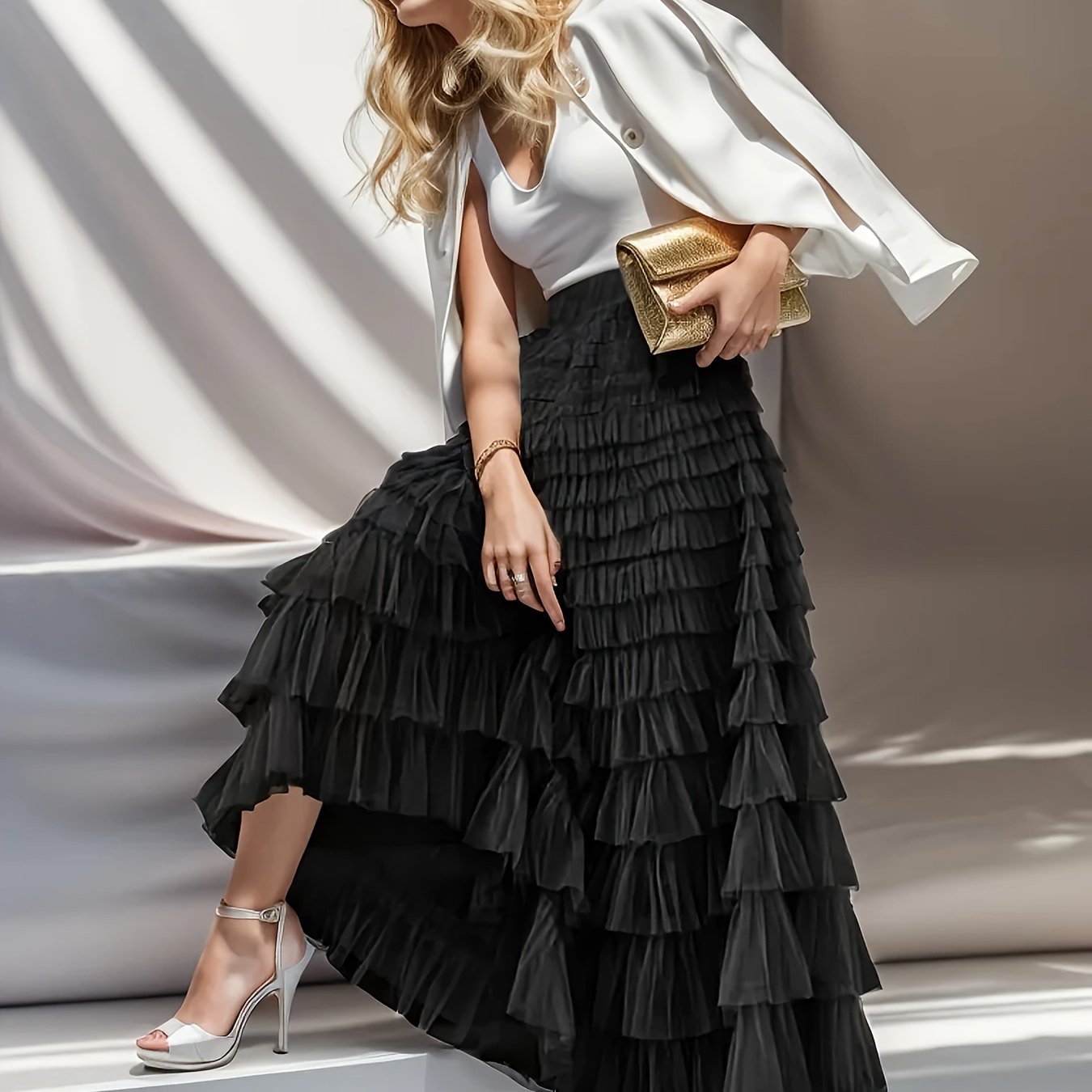 Multilayer Ruffles Tulle Skirt, Casual Fluffy Skirt For Spring & Summer, Women's Clothing