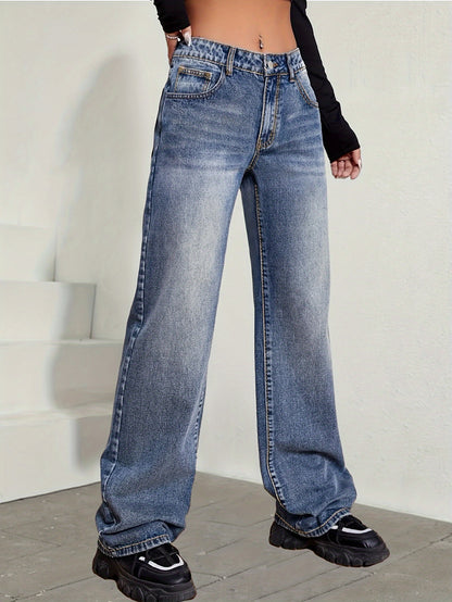 xieyinshe  Whiskering Washed Blue Wide Leg Jeans, Loose Fit Slash Pocket Comfy Denim Pants, Women's Denim Jeans & Clothing