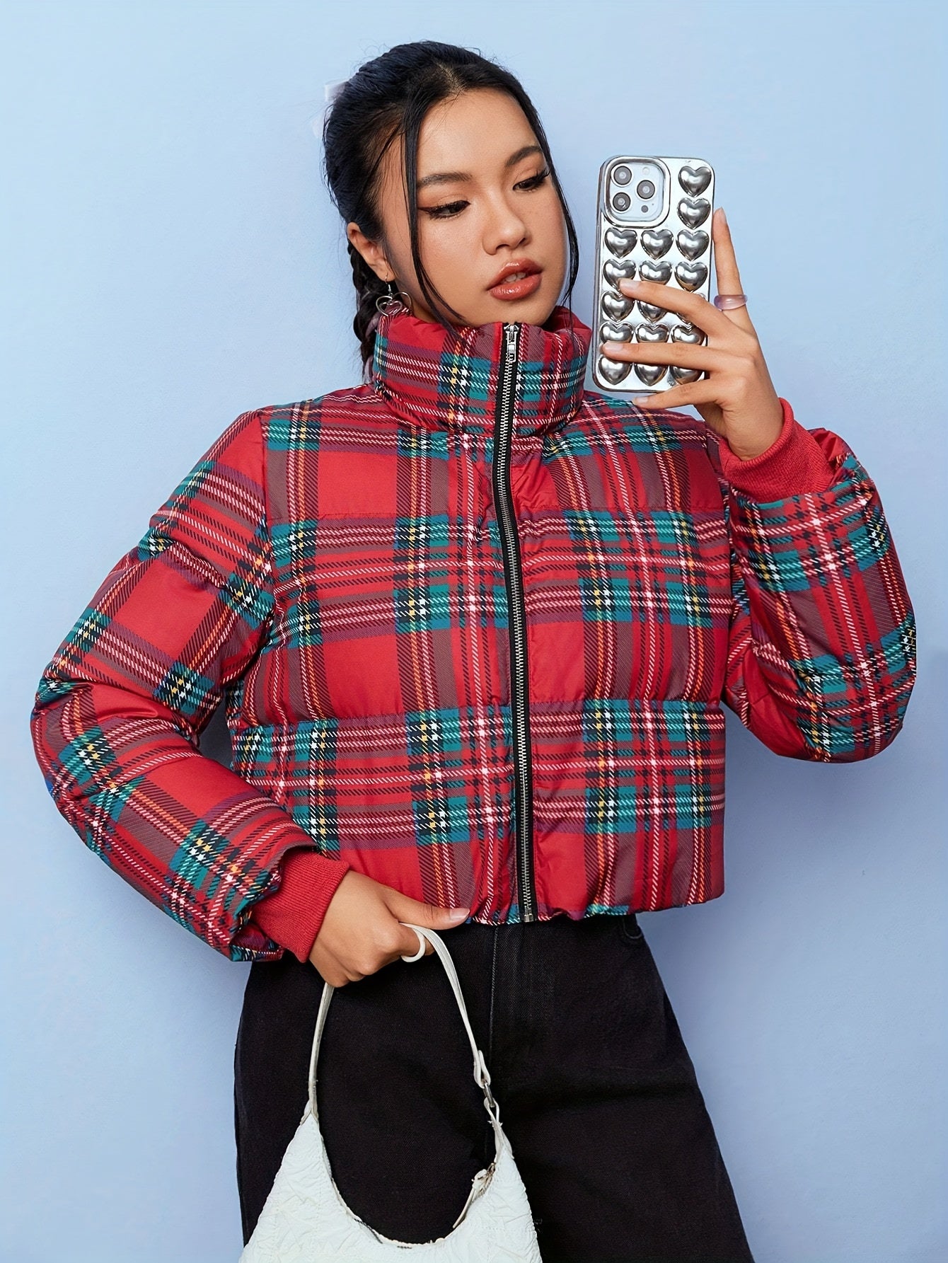 xieyinshe Plaid Print Zip-up Puffy Coat, Casual Thermal Long Sleeve Lapel Coat For Fall & Winter, Women's Clothing