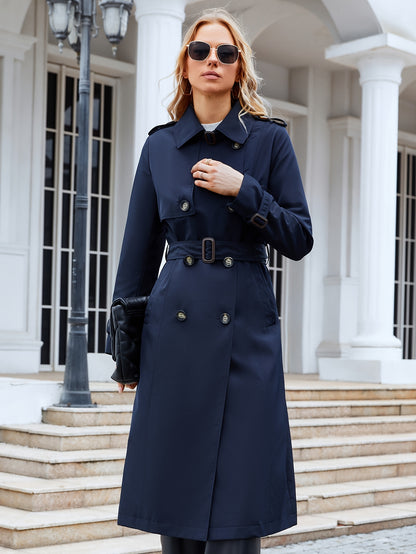 xieyinshe  Double Breasted Mid Length Trench Coat, Casual Solid Long Sleeve Outerwear, Women's Clothing