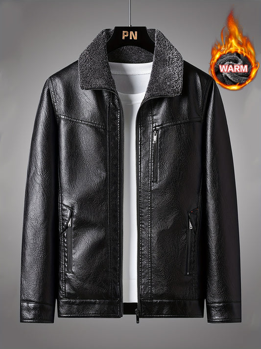 Warm Thick PU Jacket, Men's Casual Zipper Pockets Faux Leather Jacket Coat For Fall Winter