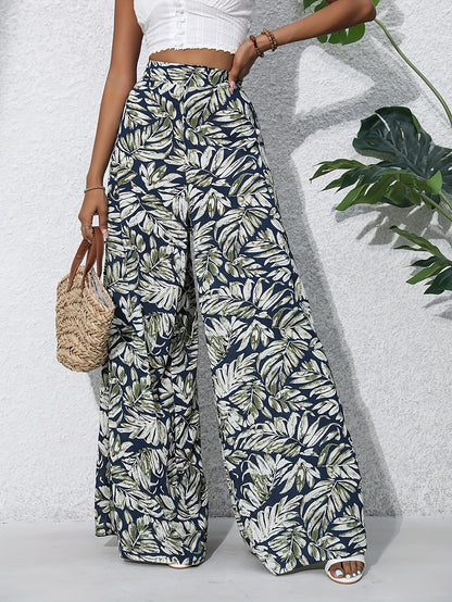 xieyinshe Boho Plants Print Pants, Casual High Waist Elastic Wide Leg Summer Beach Palazzo Pants, Women's Clothing