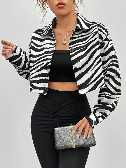 Zebra Print Cropped Jacket, Casual Button Front Long Sleeve Outerwear, Women's Clothing