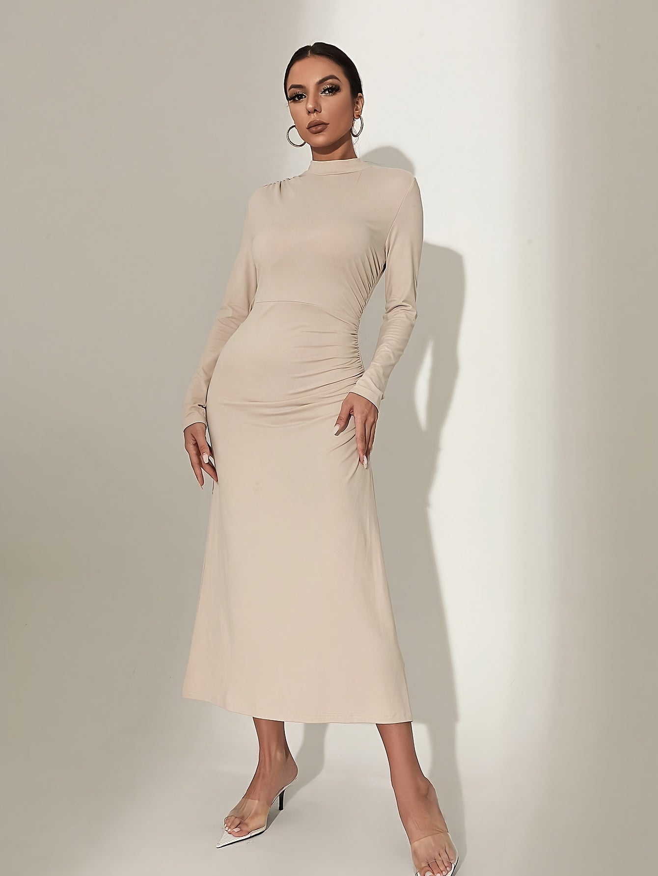 xieyinshe Solid Mock Neck Dress, Elegant Long Sleeve Ruched Dress For Spring & Fall, Women's Clothing