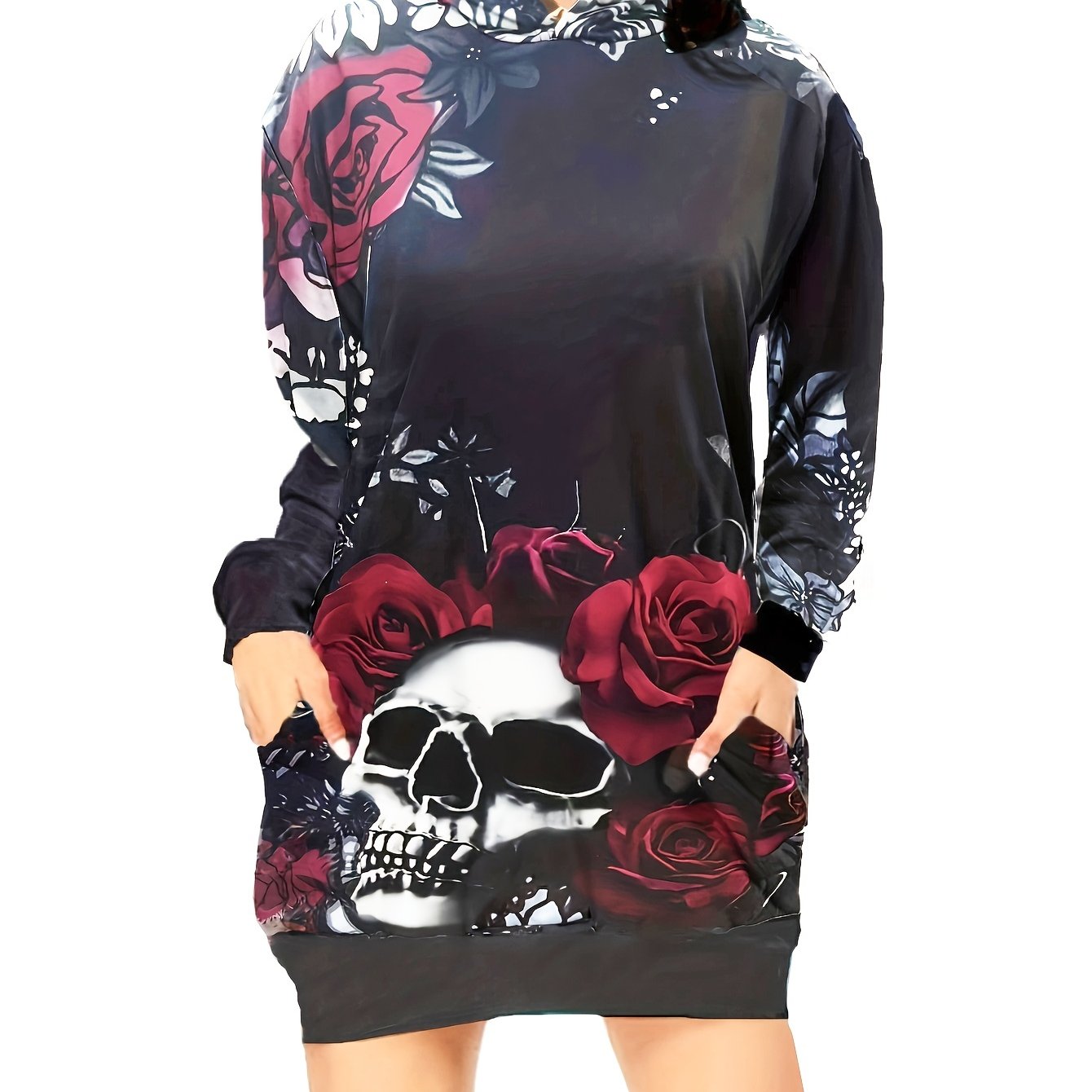 Skull & Flower Print Dress, Gothic Hooded Long Sleeve Mini Dress With Pockets, Women's Clothing