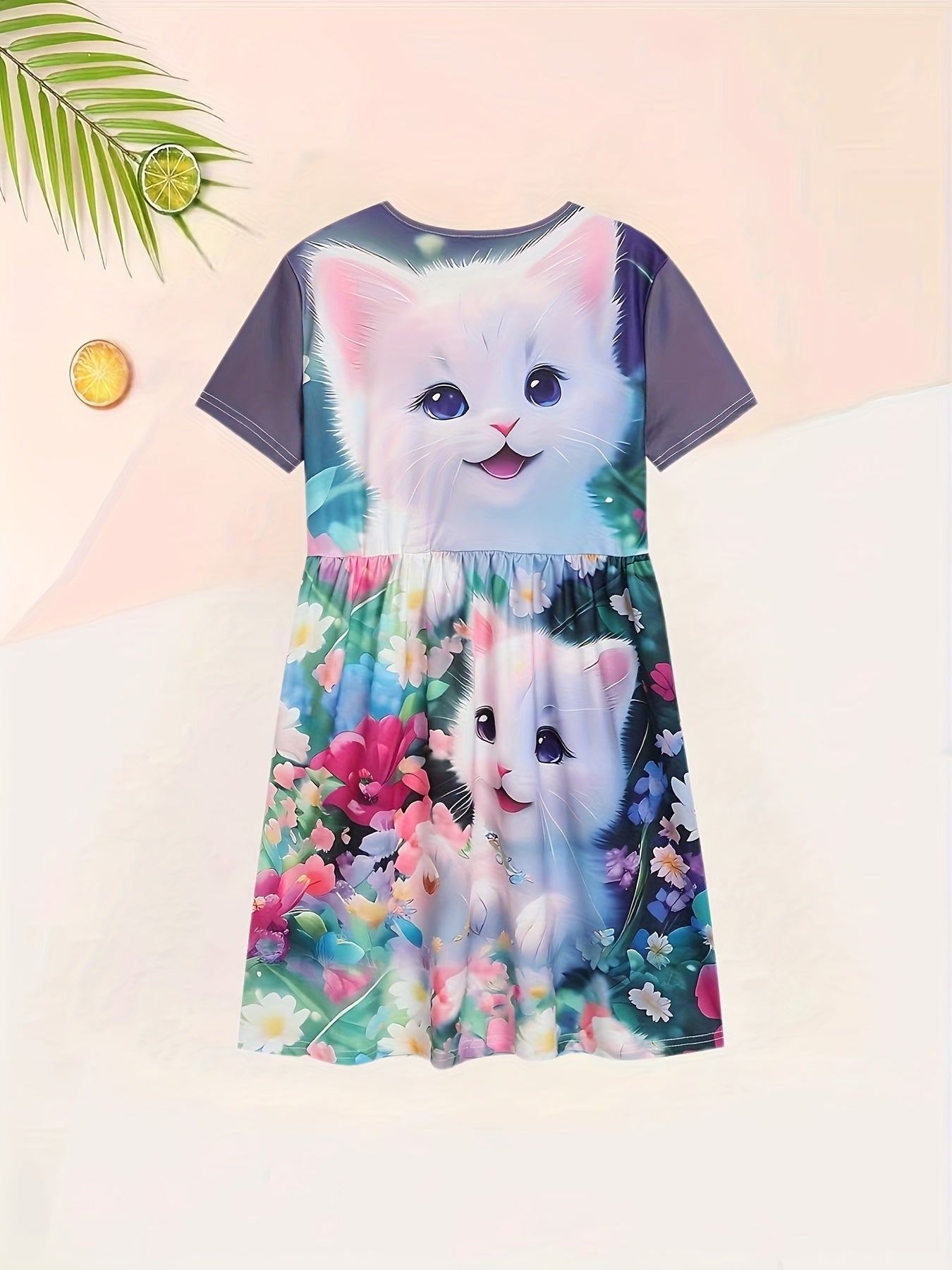 3D Cat Print Girls Dress - Short Sleeve Casual Crew Neck - Adorable Summer Fashion with Fun Prints - Comfortable & Lightweight, Perfect Gift for Little Fashionistas