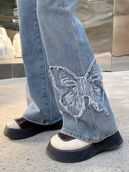 xieyinshe  Butterfly Embroidered Bootcut Jeans, Loose Casual Slant Pocket Fashion Denim Pants, Women's Denim Jeans & Clothing