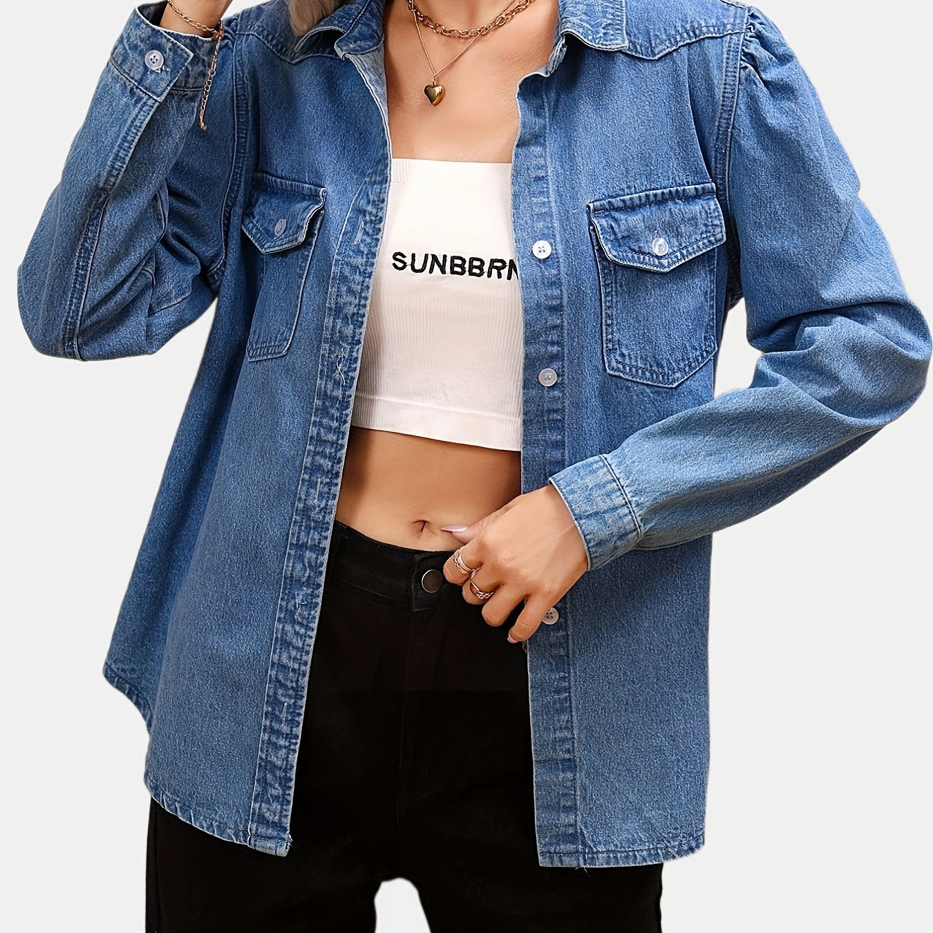 Blue Long Sleeves Denim Top, Flap Pockets Single-Breasted Button Lapel Versatile Denim Top, Women's Denim Clothing