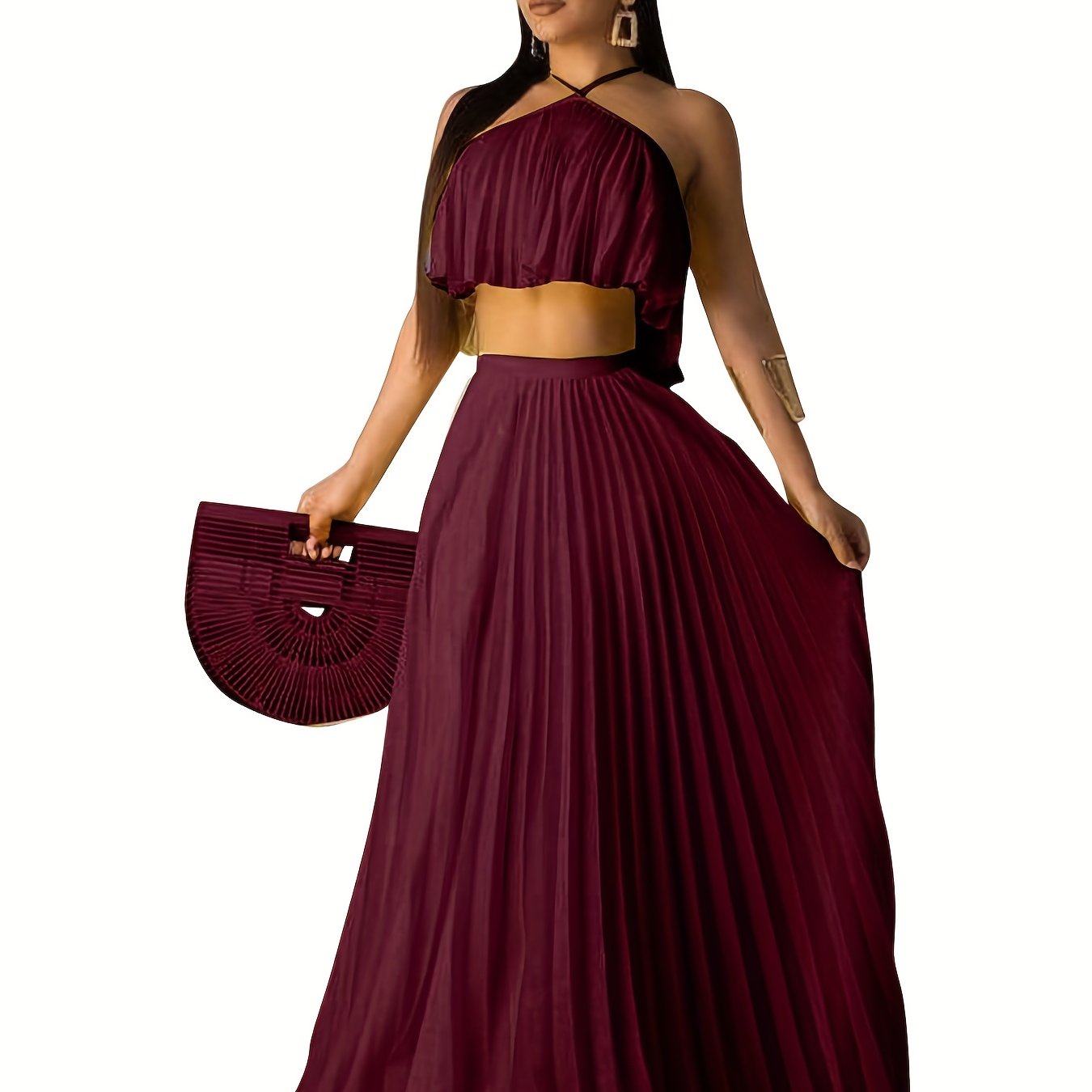 xieyinshe  Solid Pleated Two-piece Set, Spaghetti Sleeveless Top & High Waist Maxi Skirts Outfits, Women's Clothing