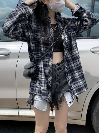 xieyinshe  Plaid Button Front Shirt, Casual Loose Long Sleeve Shirt For Spring & Fall, Women's Clothing