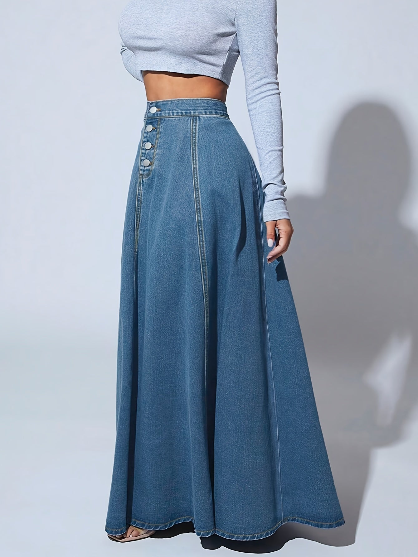 xieyinshe  Single-breasted Button Denim Midi Skirt, High Waist A-line Vintage Elegant Denim Skirts, Women's Denim Clothing