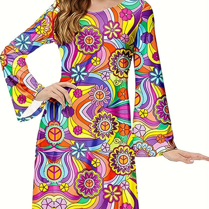 xieyinshe  70s Hippie Halloween Costume Dress, Vintage Floral Flared Long Sleeve Party Dress, Women's Clothing