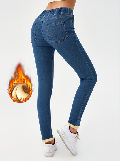 xieyinshe  Fleece Liner Versatile Skinny Jeans, Slim Fit Elastic Waist Tight Jeans, Women's Denim Jeans & Clothing