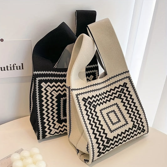 Vintage Geometric Striped Knitted Tote Bag - Spacious, Fixed Shoulder Straps, Polyester Lining, No-Closure Design - Perfect for Daily Shopping and Office Use, Elegant Colorblock Pattern