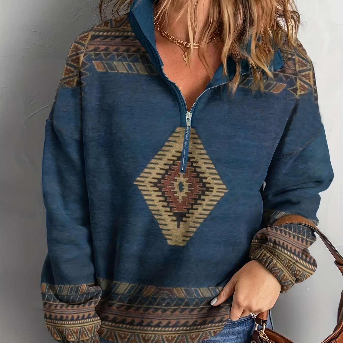 xieyinshe  Aztec Print Half Zip Pullover Sweatshirt, Casual Long Sleeve Lapel Sweatshirt For Fall & Winter, Women's Clothing