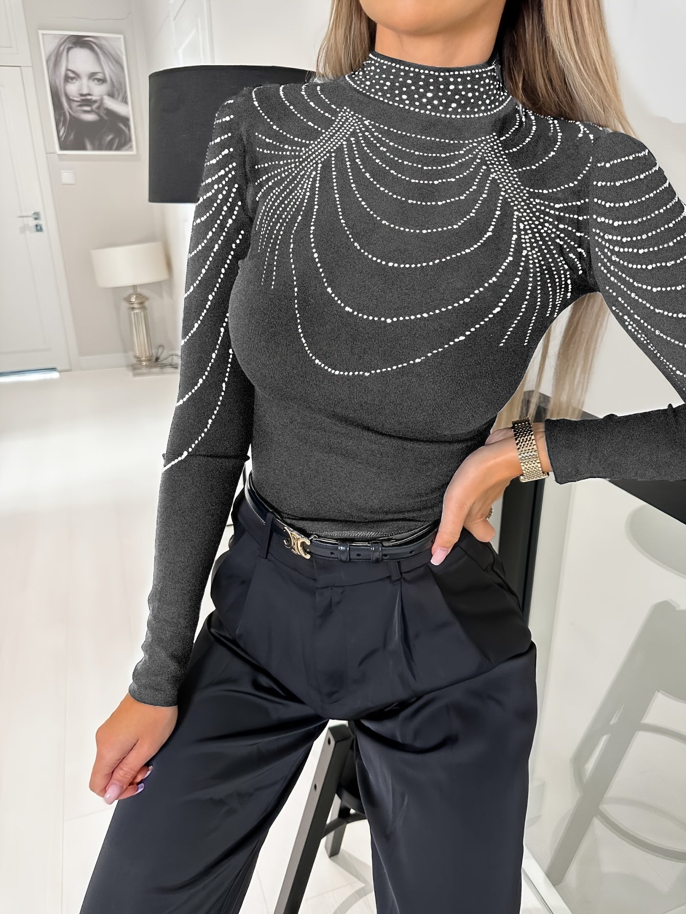 Solid Color Rhinestone Turtle Neck T-Shirt, Casual Long Sleeve Knitting T-Shirt For Spring & Fall, Women's Clothing