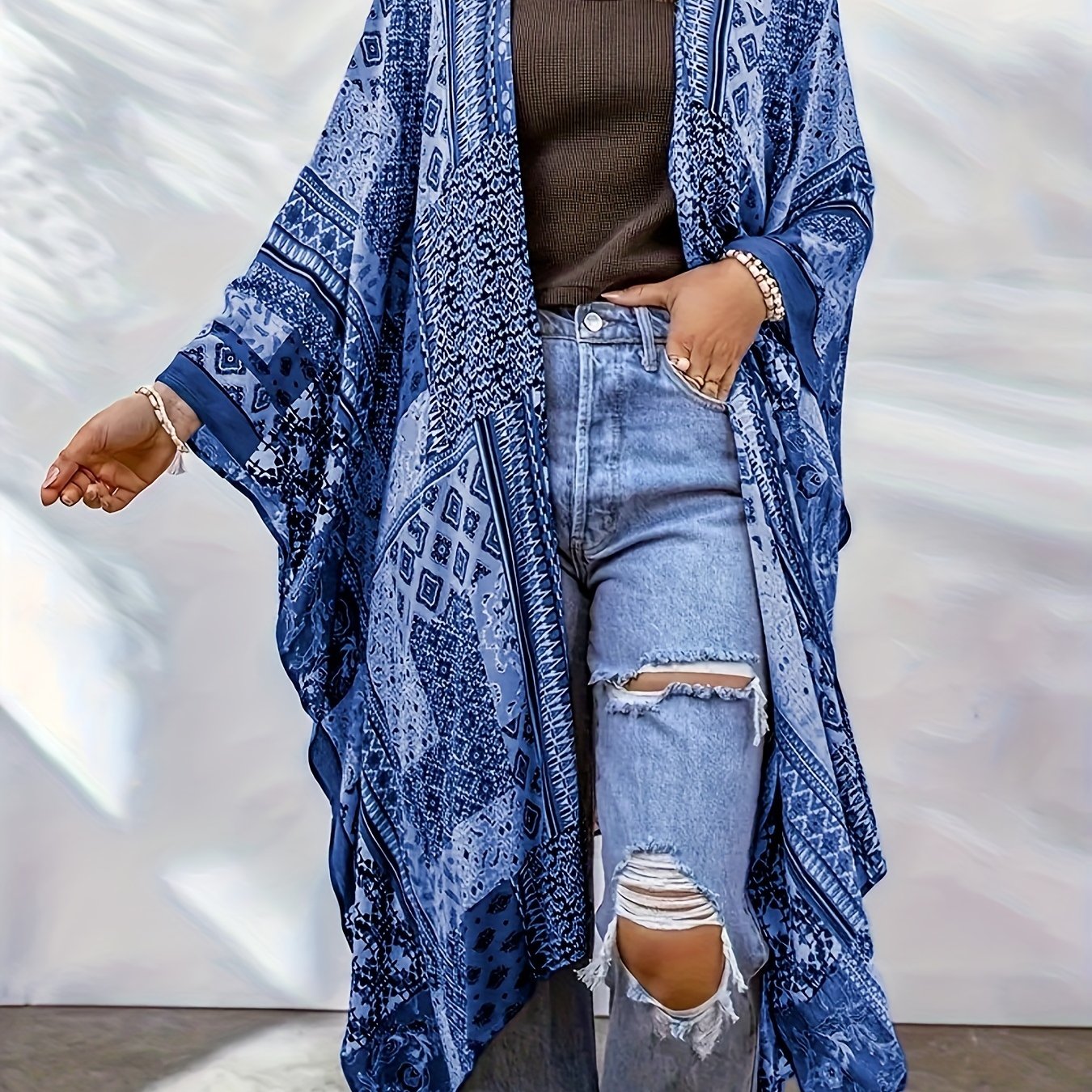 xieyinshe  Plus Size Boho Coat, Women's Plus Scarf Print Batwing Sleeve Open Front Cardigan Coat