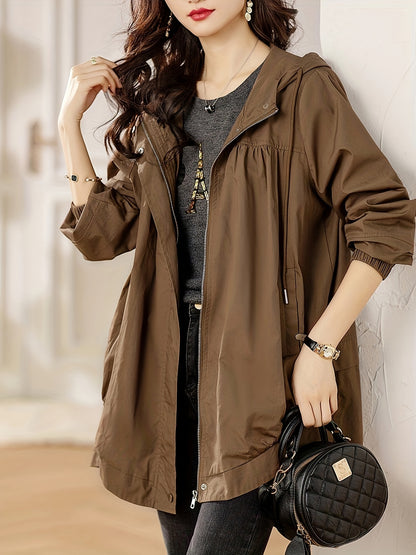 xieyinshe  Plus Size Solid Hooded Trench Coat, Casual Zip Up Long Sleeve Coat, Women's Plus Size Clothing