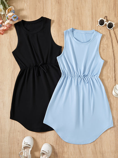 2PCS Teen Girls Fashionable Striped Sleeveless Tunic Dresses - Comfy & Breathable, Perfect for Summer Outings & Casual Wear