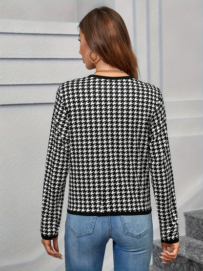 xieyinshe Houndstooth Contrast Trim Jacket, Elegant Open Front Long Sleeve Jacket For Spring & Fall, Women's Clothing