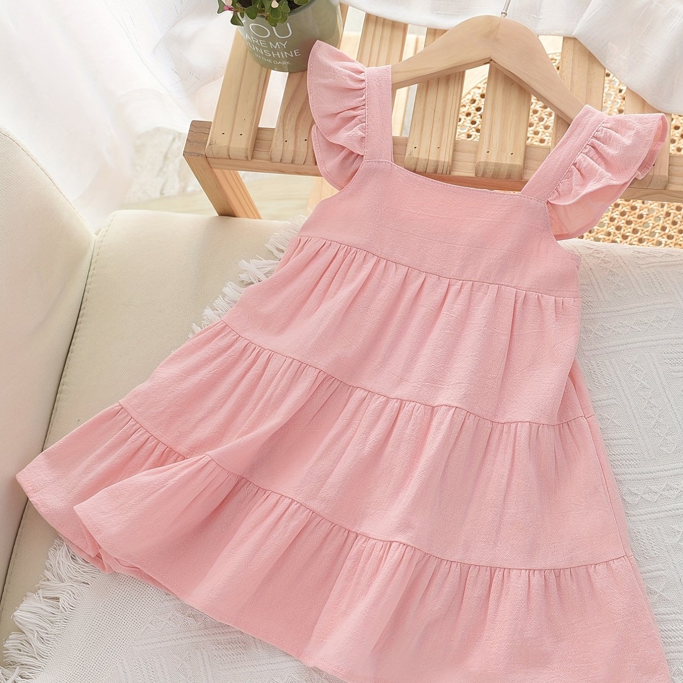 Toddler Girls Ruffled Sleeves Square Collar Ruffle Hem Cotton Princess Dress For Party Beach Vacation Kids Summer Clothes