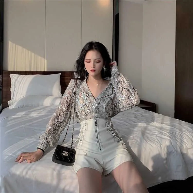 Women's Blouses Shirts Snake Print Sequined Blouse Glitter Ladies Top Long Sleeve Button Down Shirt For Women Autumn Blouse Korean Fashion Shorts Suits 220923