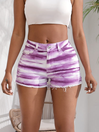 Stylish Mid-Waisted Tie Dye Raw Hem Denim Shorts - Stretchy, Casual, Fashionable Women's Jeans with Comfortable Fit and Relaxed Style - Perfect for Summer, Outdoor Activities, and Daily Wear