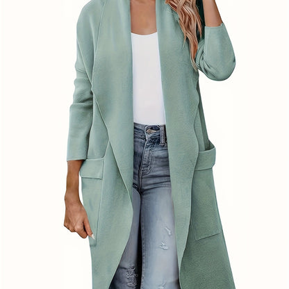 Solid Open Front Lapel Overcoat, Versatile Long Sleeve Patched Pockets Coat, Women's Clothing