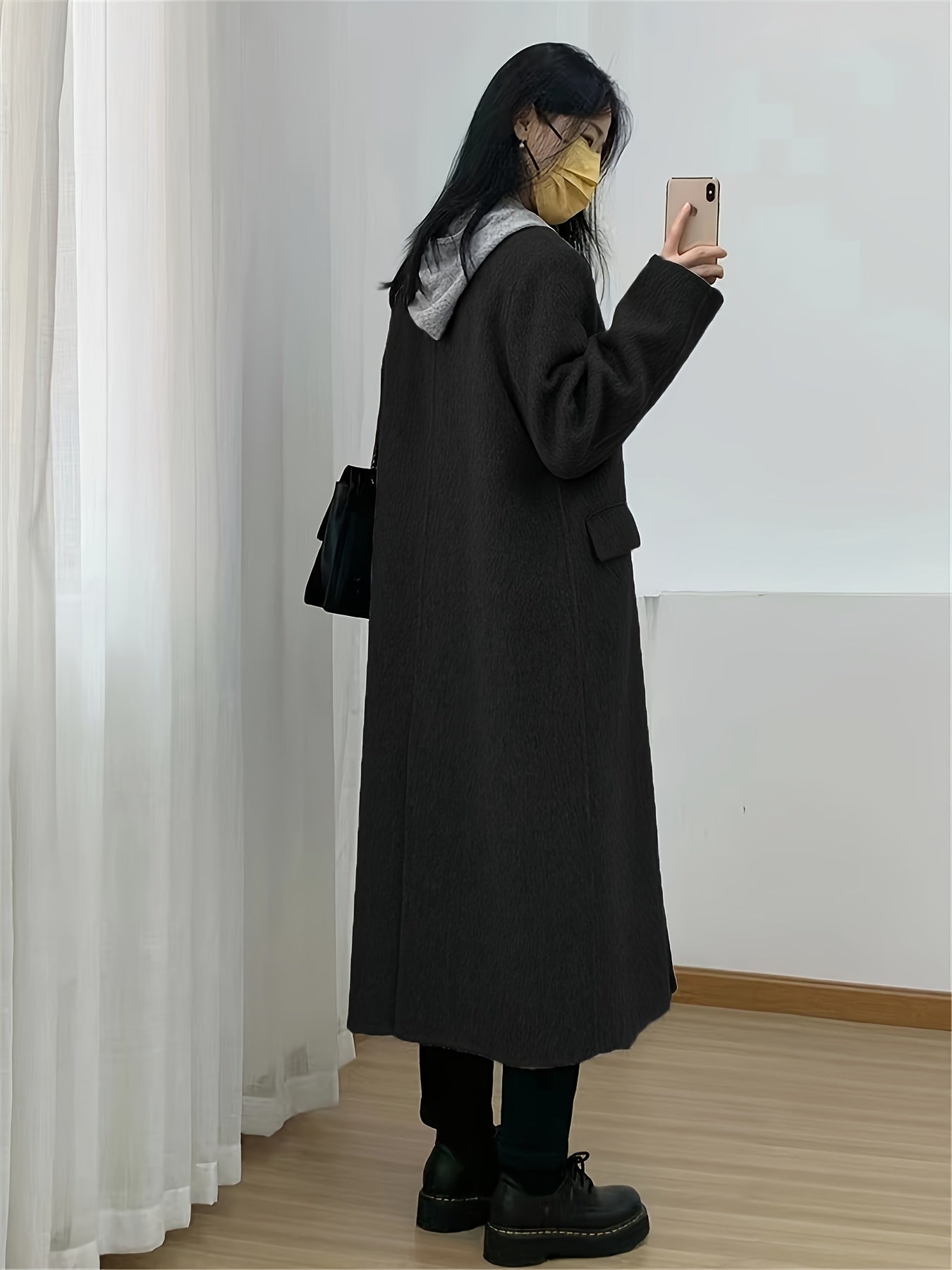 Notched Collar Double-breasted Coat, Casual Long Sleeve Midi Overcoat For Fall & Winter, Women's Clothing