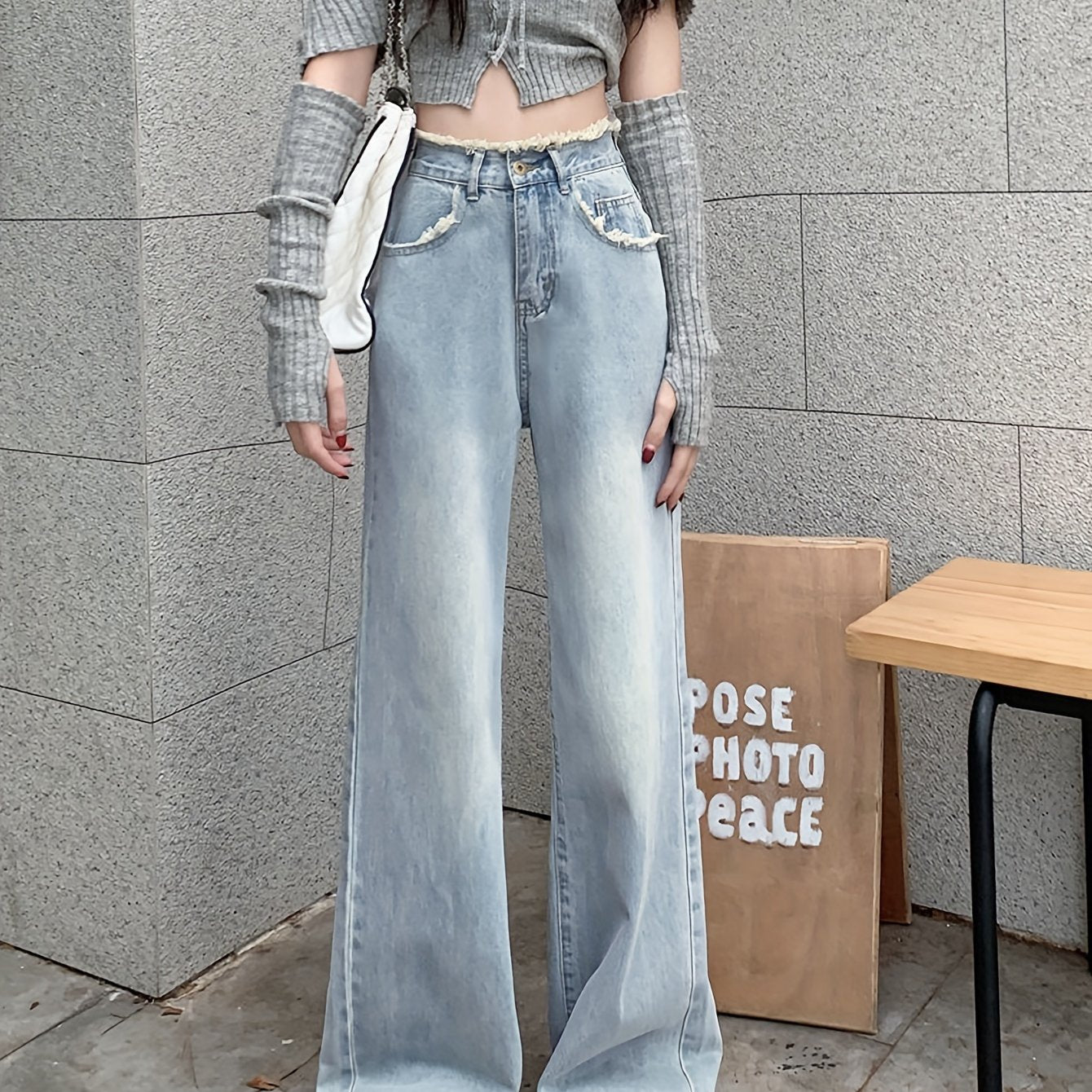 xieyinshe  Raw Hem High Rise Wide Leg Jeans, Slash Pocket Loose Fit Washed Blue Denim Pants, Women's Denim Jeans & Clothing