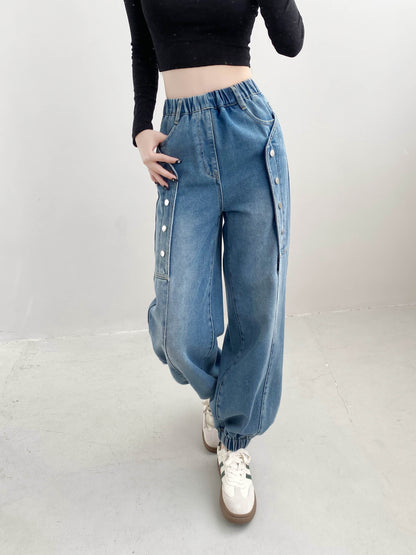 xieyinshe  Girls Trendy Button Design Jeans Everyday Comfy Loose Denim Jogger Trousers For Street Outfit