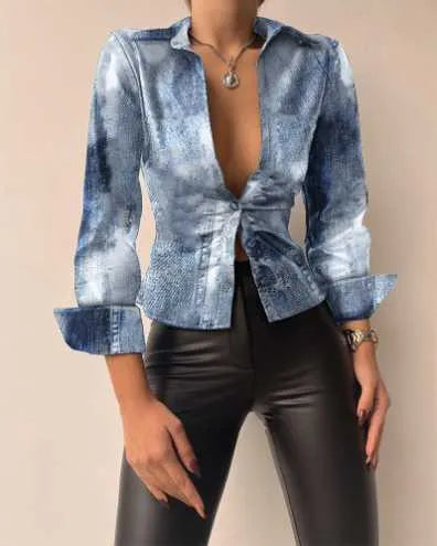 Women's Blouses Shirts  New Fashion Popular Spring Long Sleeve V-Neck PU Leather Splice Women's Shirt Women Y2303