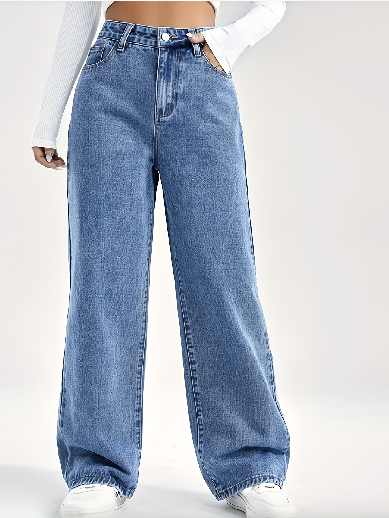 xieyinshe  Slant Pocket Wide Leg Jeans, Button Zipper Closure Loose Leisure Denim Pants, Women's Denim Jeans & Clothing