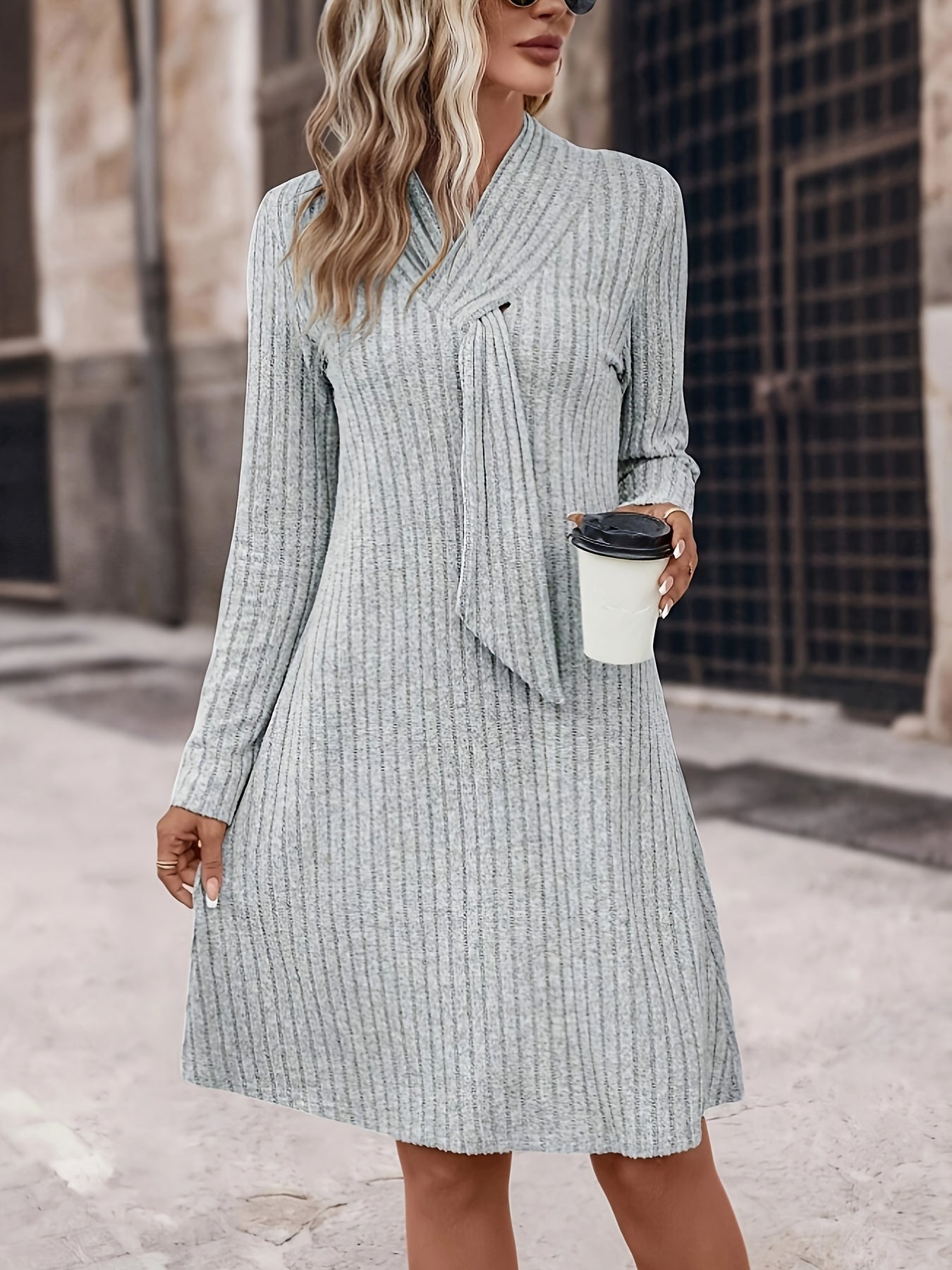 xieyinshe Solid Tie Decor Aline Dress, Elegant Long Sleeve Slim Dress For Spring & Fall, Women's Clothing